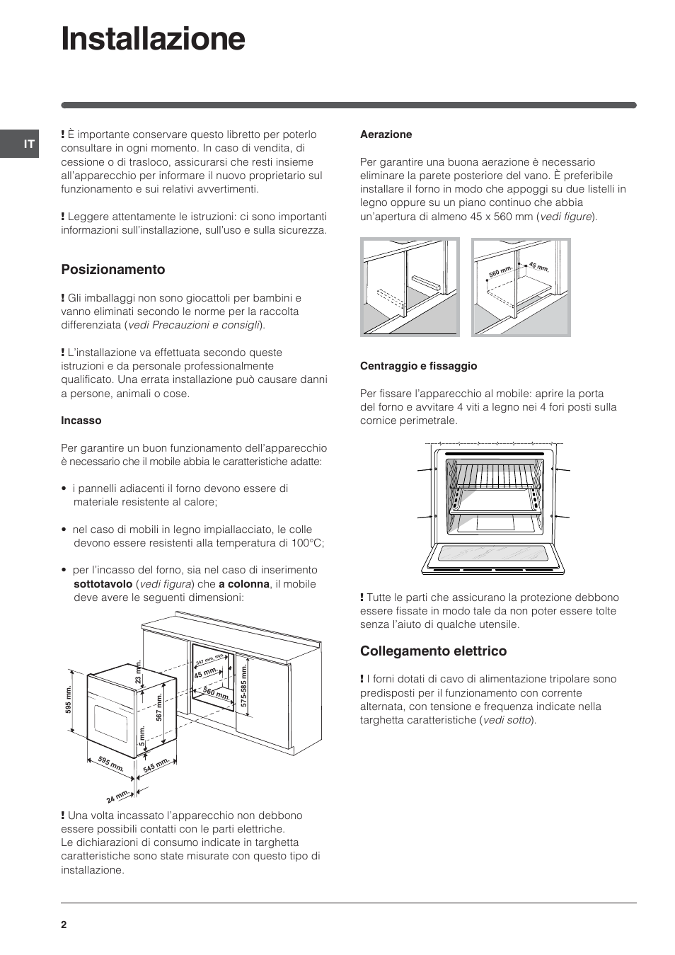 Installazione, Posizionamento, Collegamento elettrico | Indesit FIM 20 K.A IX User Manual | Page 2 / 72