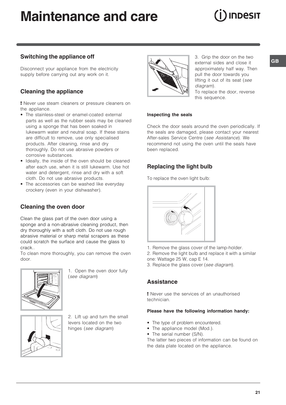 Maintenance and care | Indesit FIM 20 K.A IX User Manual | Page 21 / 72