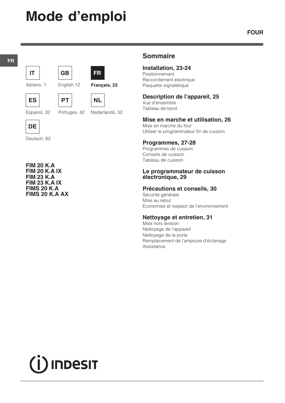 Mode d’emploi, Sommaire | Indesit FIM 20 K.A IX User Manual | Page 22 / 72