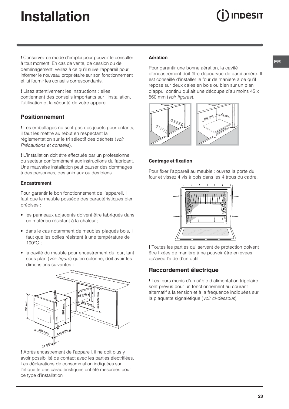 Installation, Positionnement, Raccordement électrique | Indesit FIM 20 K.A IX User Manual | Page 23 / 72