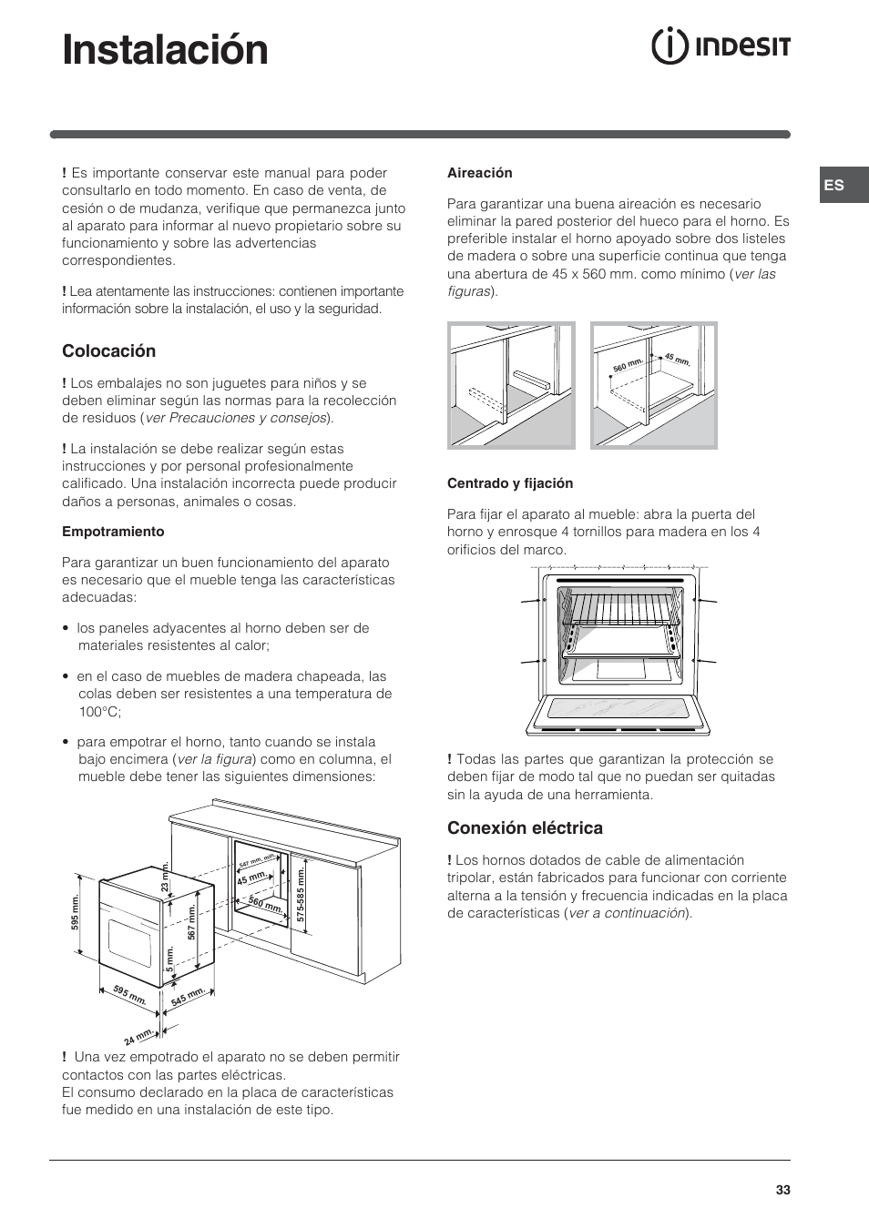 Instalación, Colocación, Conexión eléctrica | Indesit FIM 20 K.A IX User Manual | Page 33 / 72