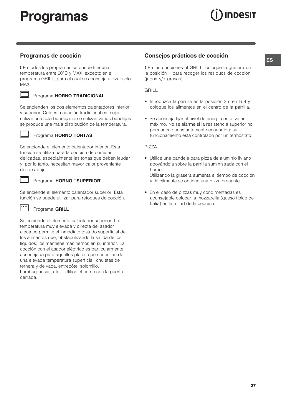 Programas | Indesit FIM 20 K.A IX User Manual | Page 37 / 72