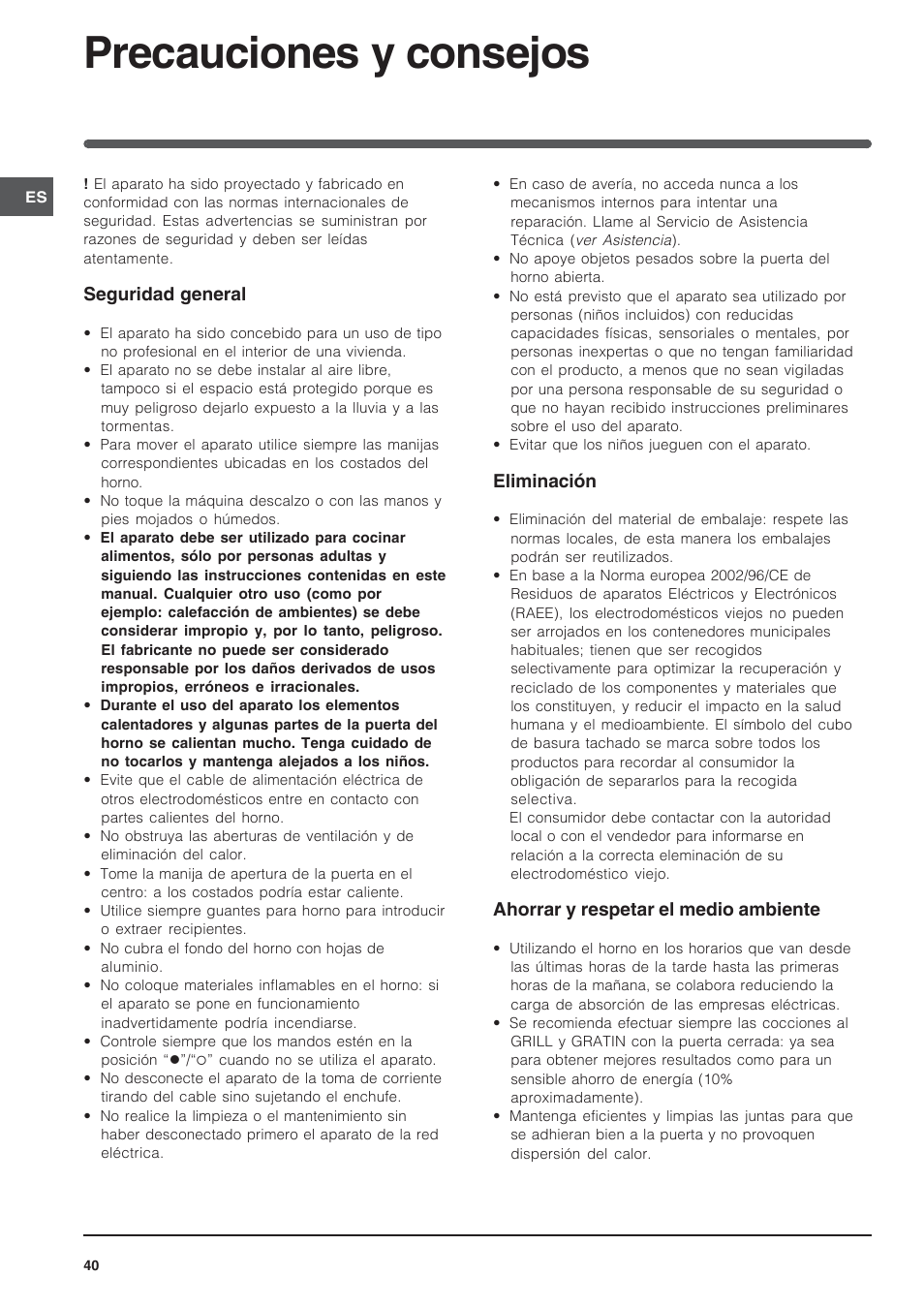Precauciones y consejos | Indesit FIM 20 K.A IX User Manual | Page 40 / 72