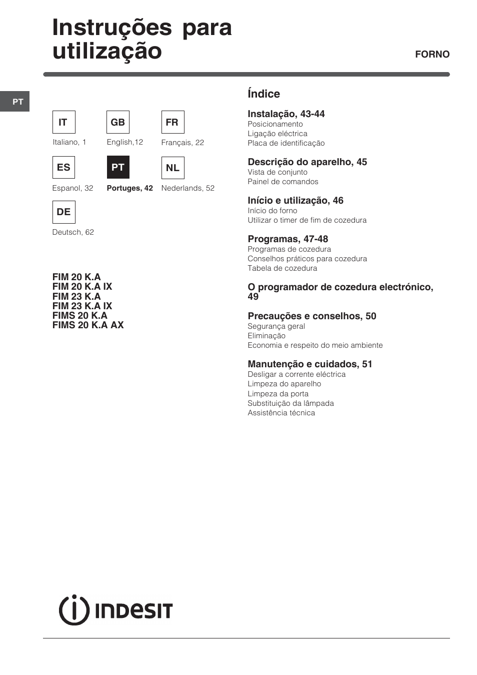 Instruções para utilização | Indesit FIM 20 K.A IX User Manual | Page 42 / 72