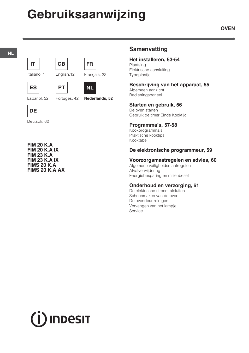 Gebruiksaanwijzing, Samenvatting | Indesit FIM 20 K.A IX User Manual | Page 52 / 72