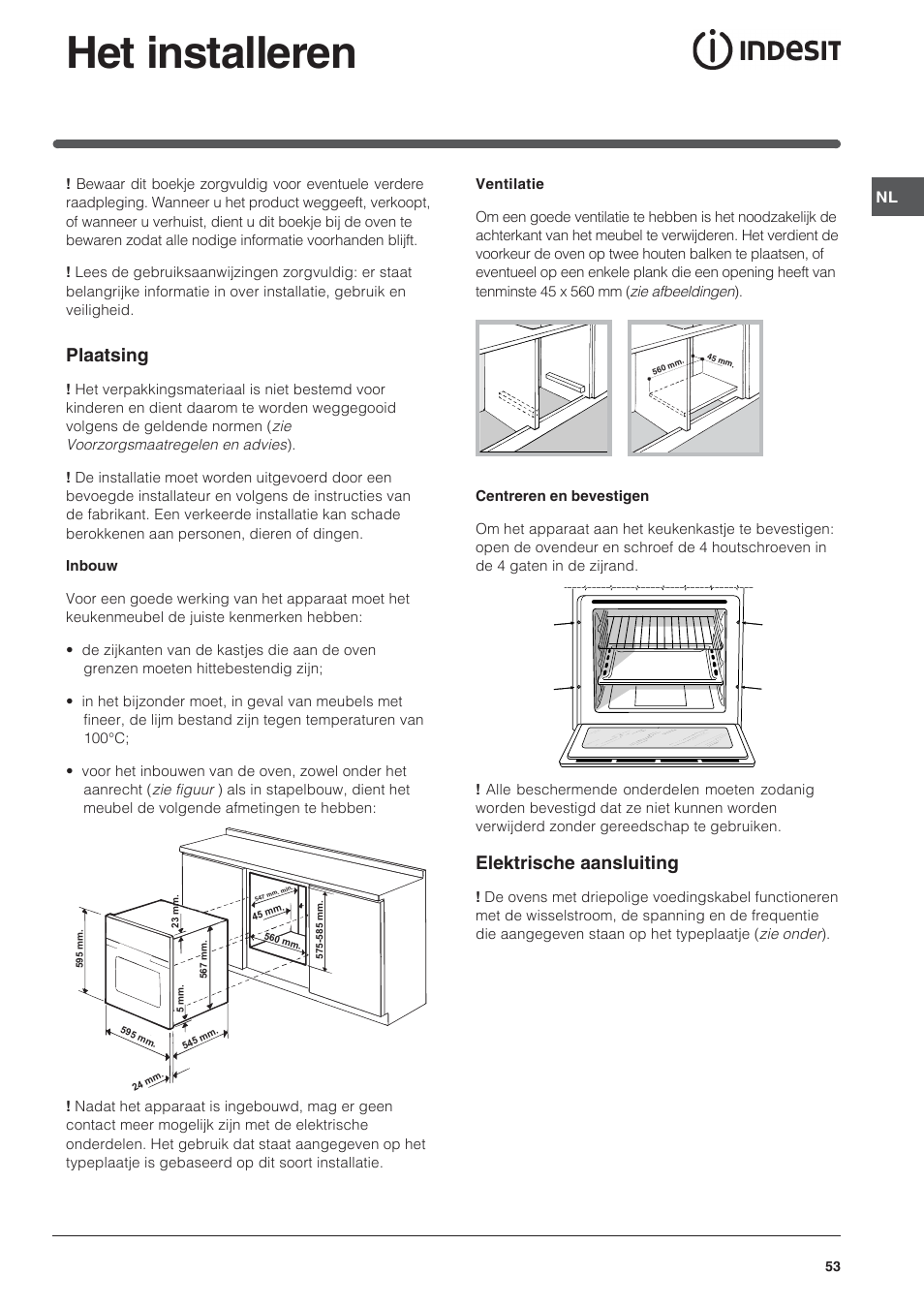 Het installeren, Plaatsing, Elektrische aansluiting | Indesit FIM 20 K.A IX User Manual | Page 53 / 72