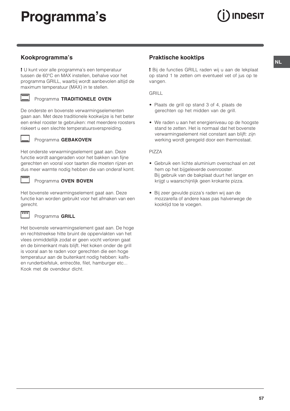 Programma’s | Indesit FIM 20 K.A IX User Manual | Page 57 / 72