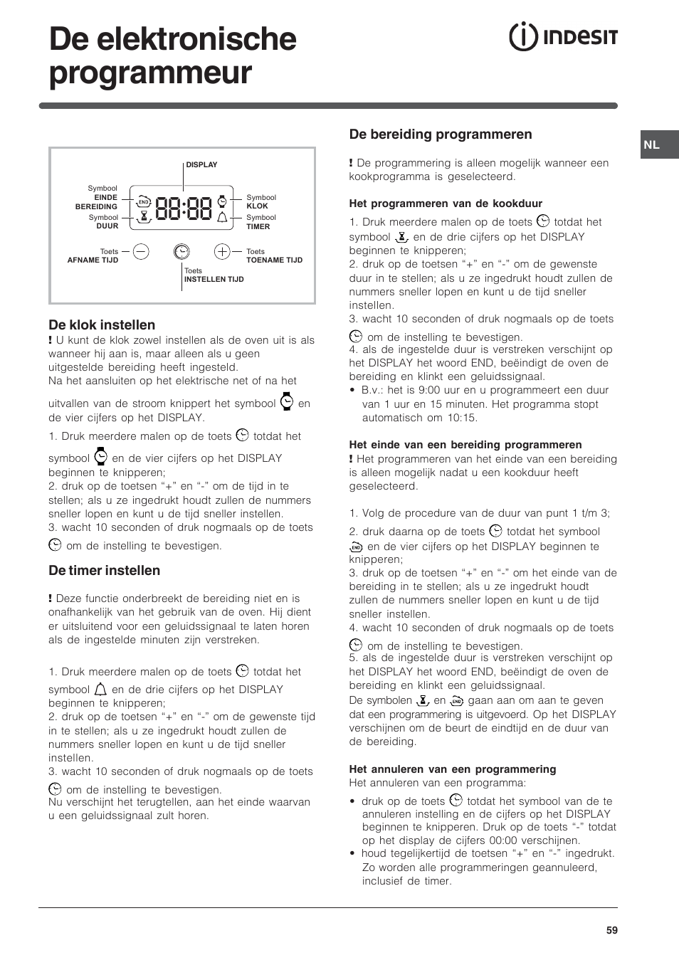 De elektronische programmeur, De klok instellen, De timer instellen | De bereiding programmeren | Indesit FIM 20 K.A IX User Manual | Page 59 / 72