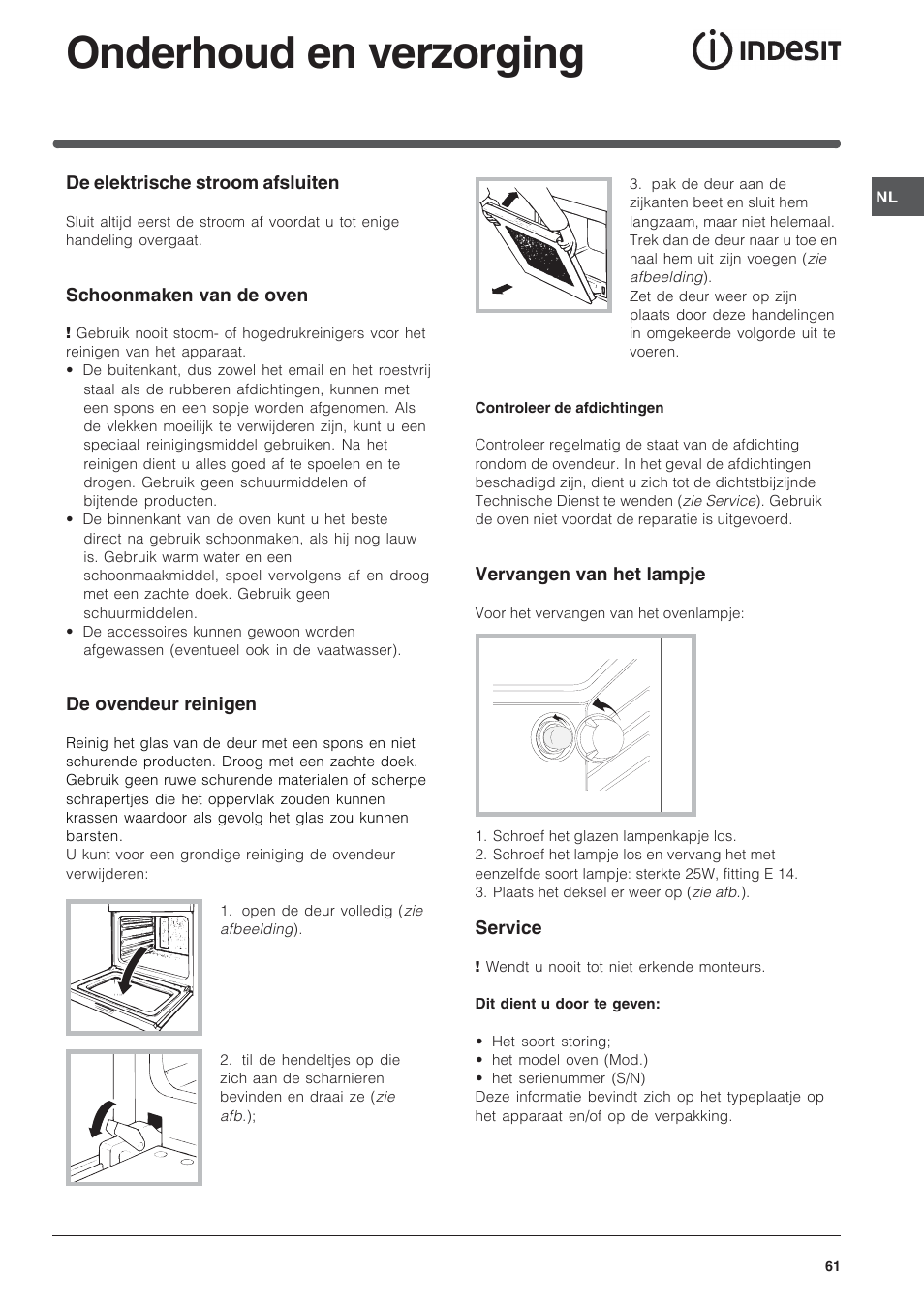 Onderhoud en verzorging | Indesit FIM 20 K.A IX User Manual | Page 61 / 72
