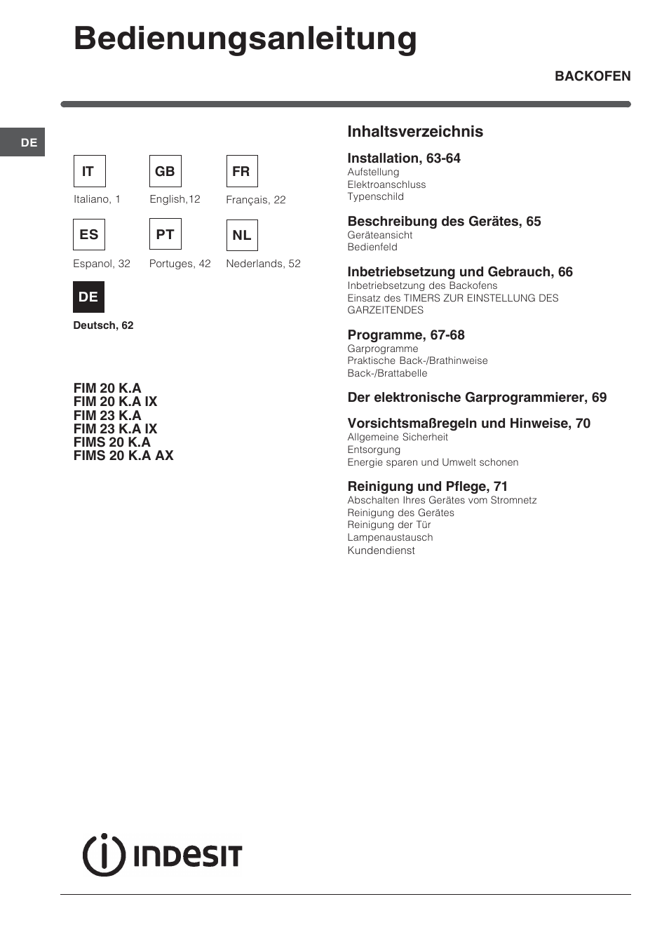 Indesit FIM 20 K.A IX User Manual | Page 62 / 72