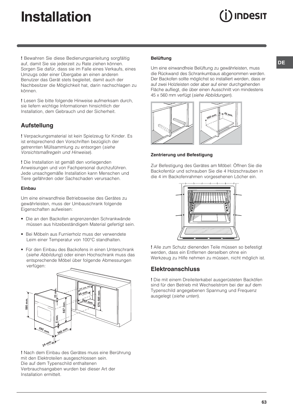 Installation, Aufstellung, Elektroanschluss | Indesit FIM 20 K.A IX User Manual | Page 63 / 72