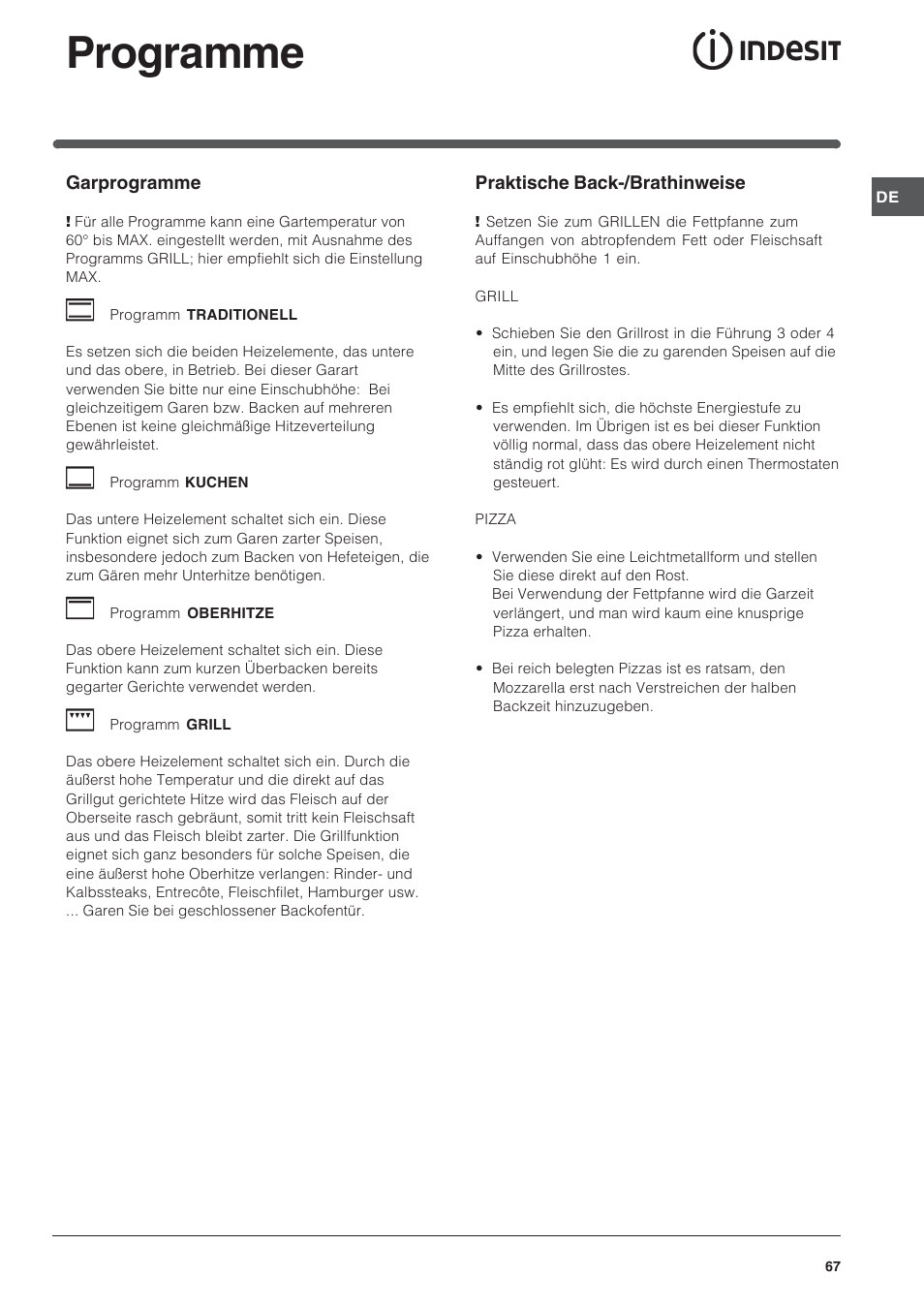 Programme | Indesit FIM 20 K.A IX User Manual | Page 67 / 72