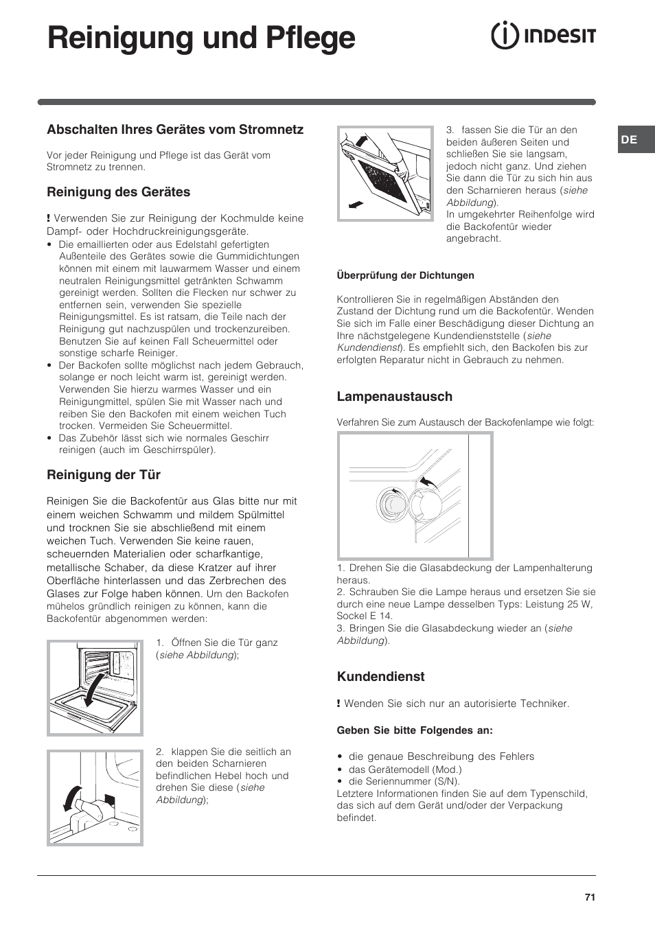 Reinigung und pflege | Indesit FIM 20 K.A IX User Manual | Page 71 / 72