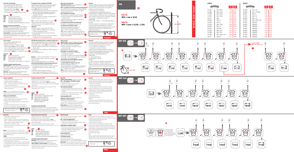 Wheel size chart, Set ws, Set clk | Set dst, Italiano, Espagnol, Česky, Polski | SIGMA BC 400 1997 User Manual | Page 2 / 2