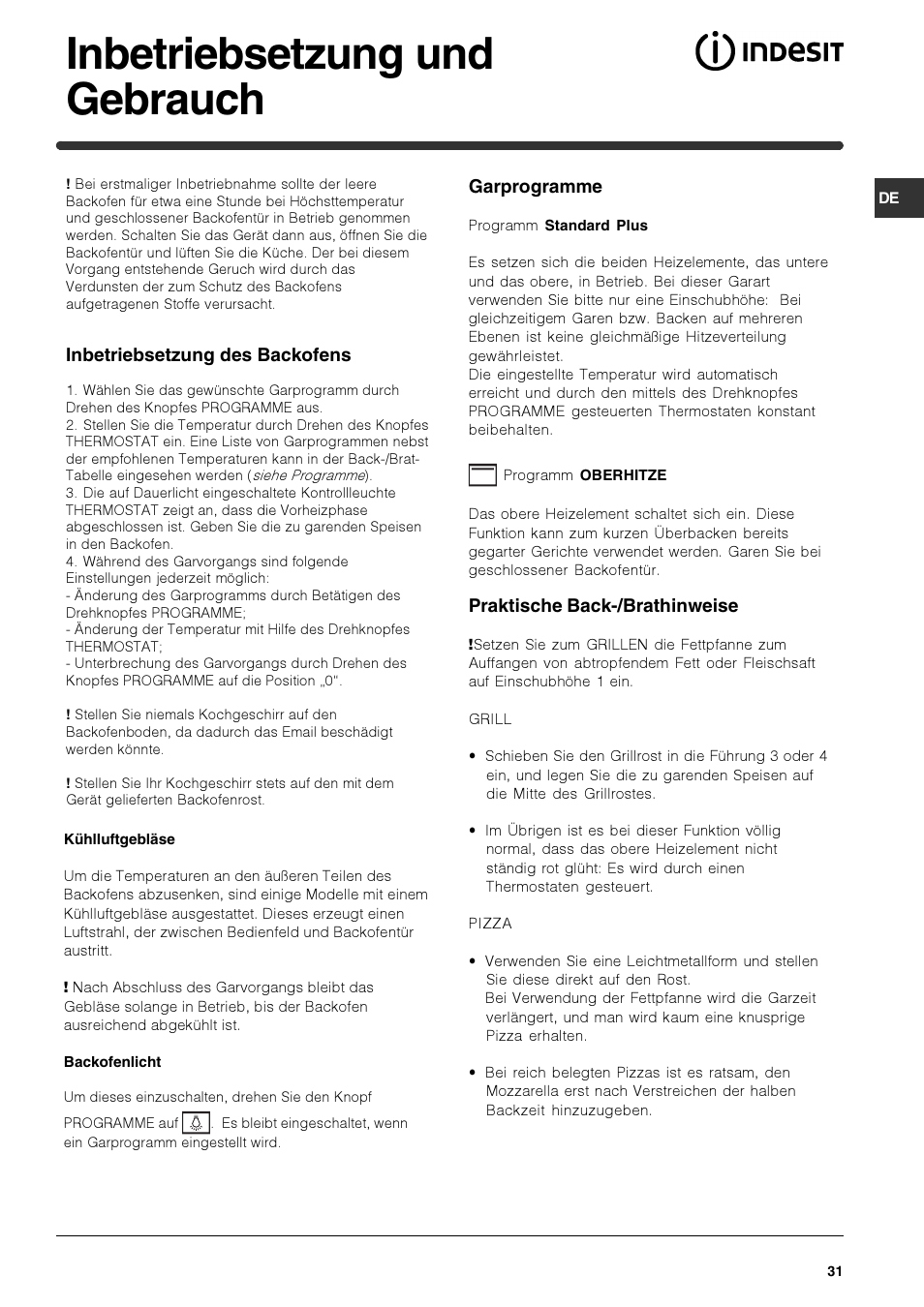 Inbetriebsetzung und gebrauch | Indesit HIM 20 K.A IX User Manual | Page 31 / 52