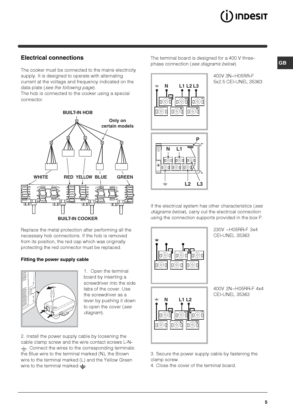 Electrical connections | Indesit HIM 20 K.A IX User Manual | Page 5 / 52