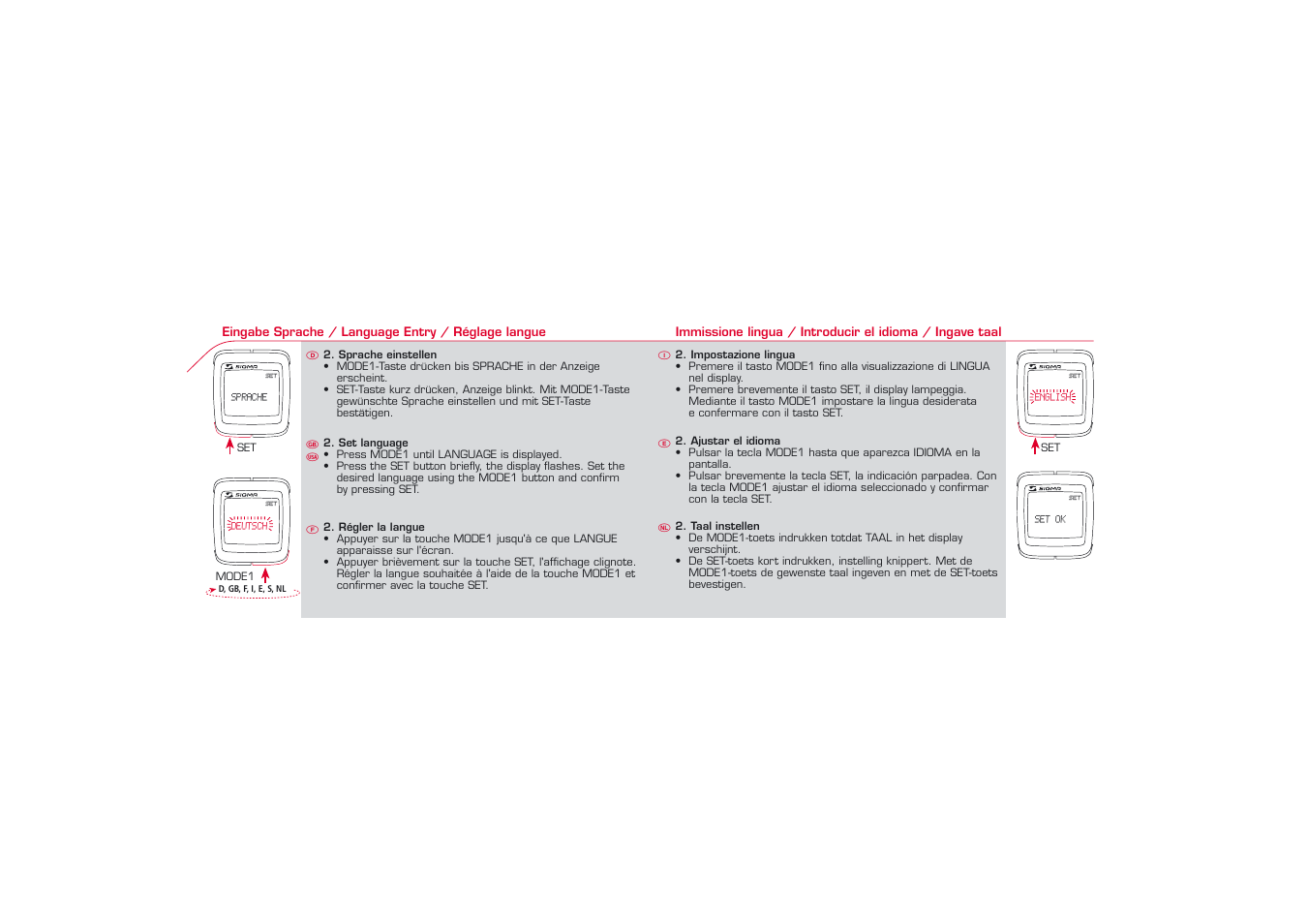 Sprache, Deutsch, English | Set ok | SIGMA BC 1606L User Manual | Page 13 / 42