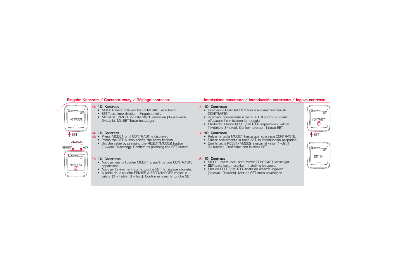 Kontrast, Kontrast 2, Set set ok | SIGMA BC 1606L User Manual | Page 22 / 42