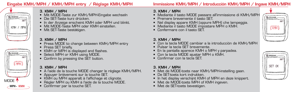 Set kmh / mph set mph set kmh set set ok | SIGMA BC 1106 User Manual | Page 12 / 30