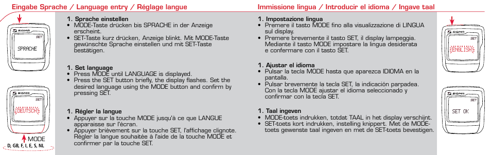 Set deutsch set english set set ok 0,0 set sprache | SIGMA BC 906 User Manual | Page 10 / 28