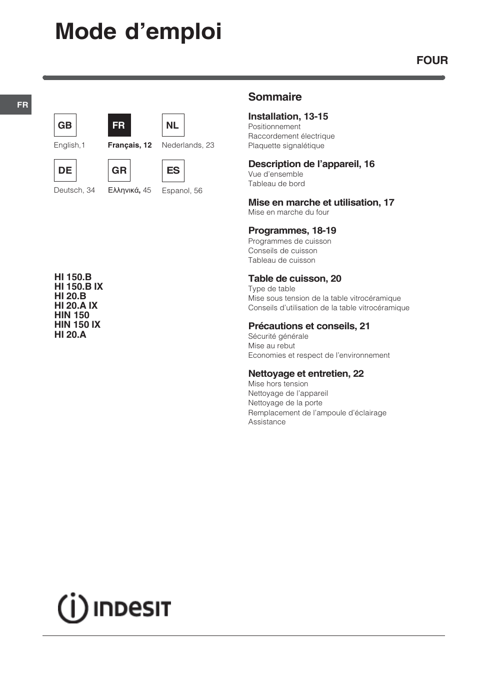 Mode demploi, Four sommaire | Indesit HI 20.A IX User Manual | Page 12 / 68