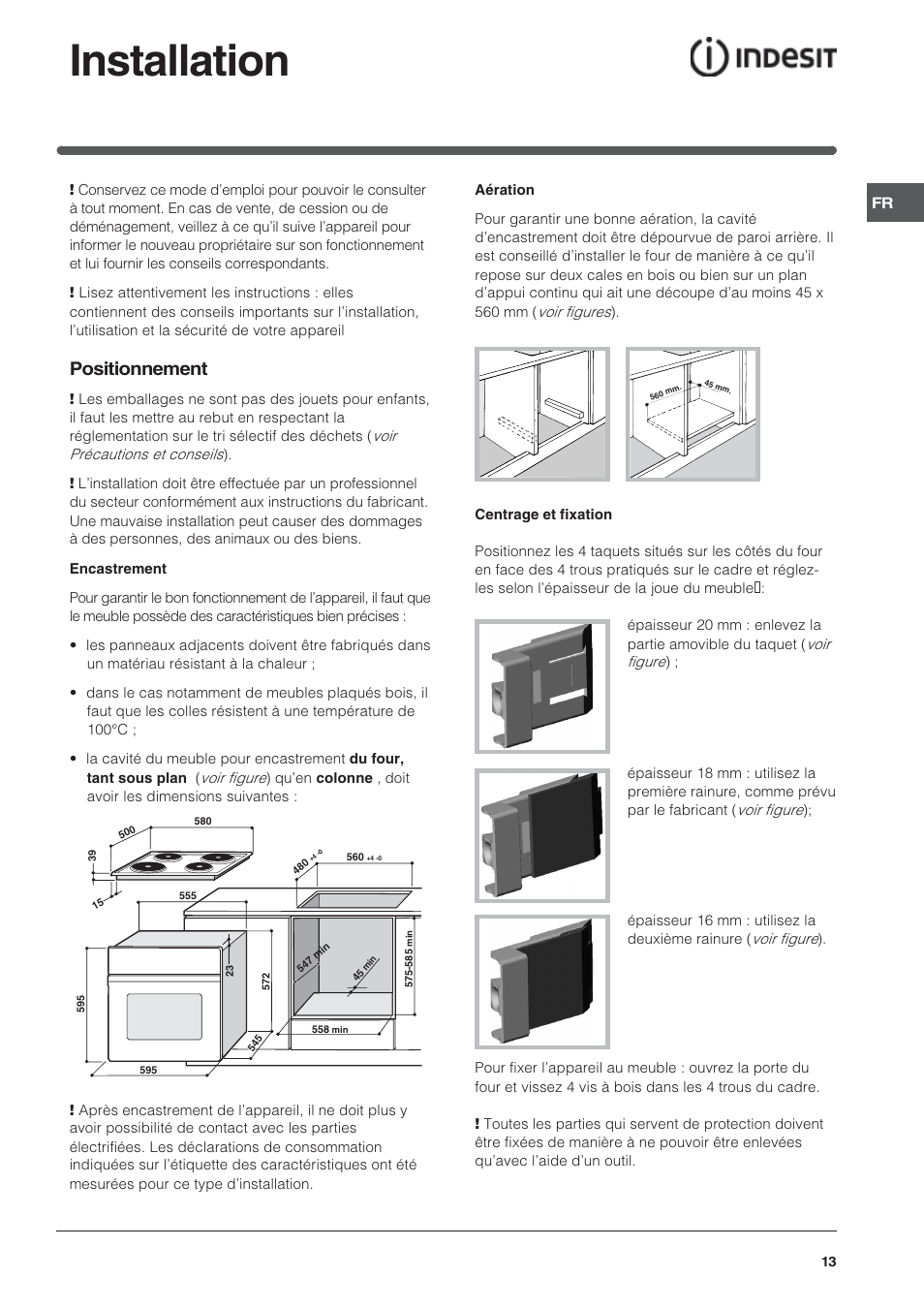 Installation, Positionnement | Indesit HI 20.A IX User Manual | Page 13 / 68