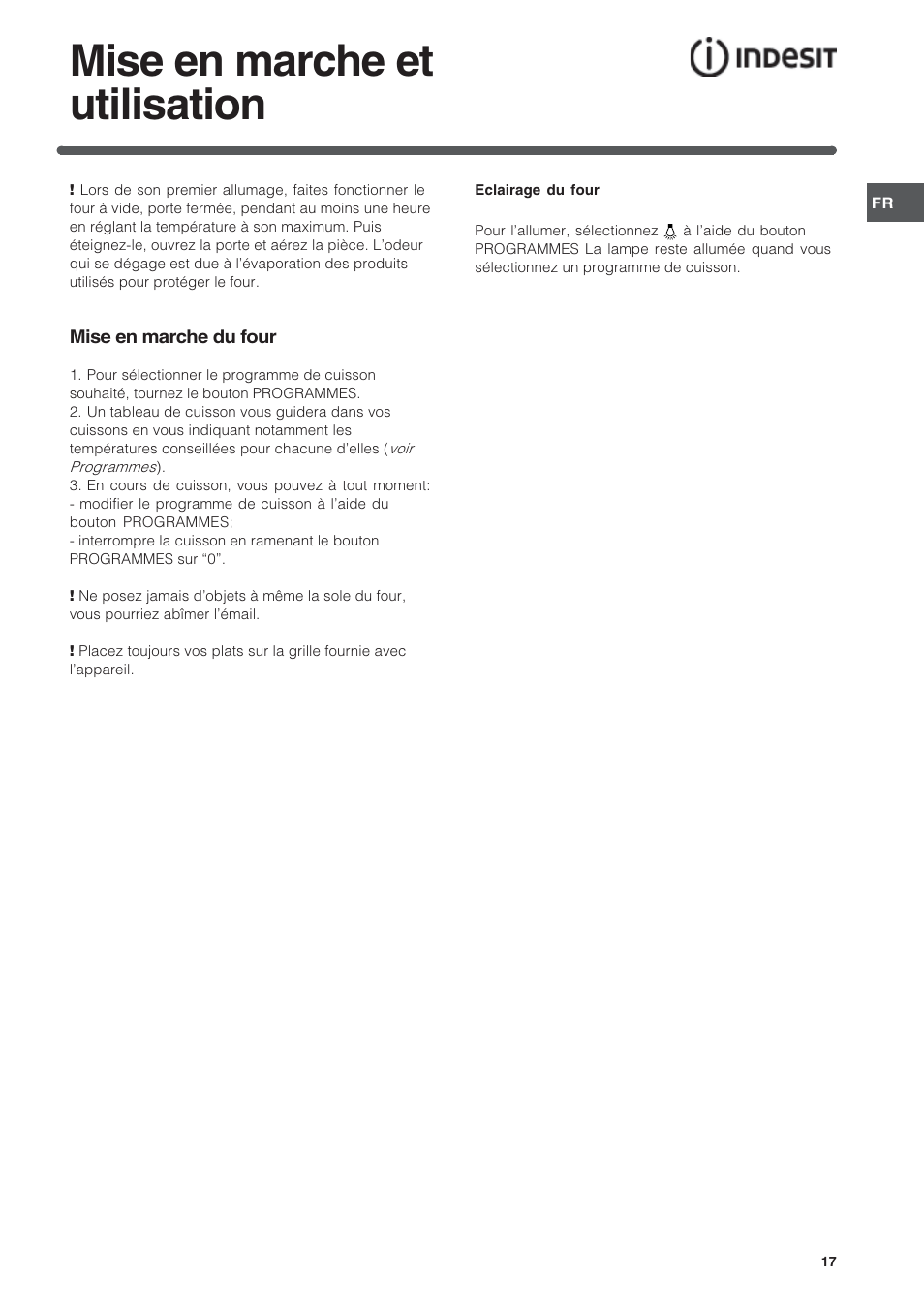 Mise en marche et utilisation | Indesit HI 20.A IX User Manual | Page 17 / 68