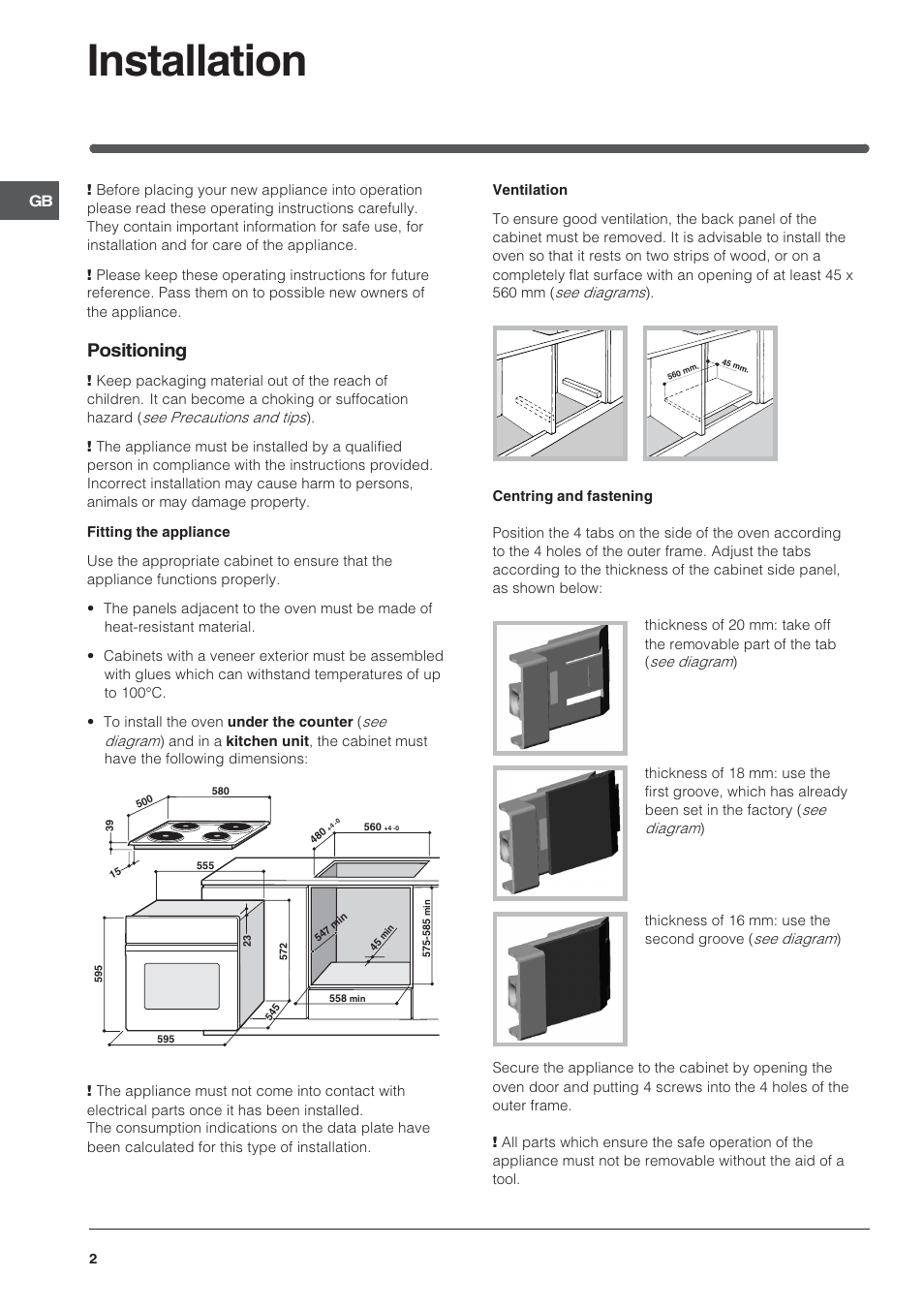 Installation, Positioning | Indesit HI 20.A IX User Manual | Page 2 / 68