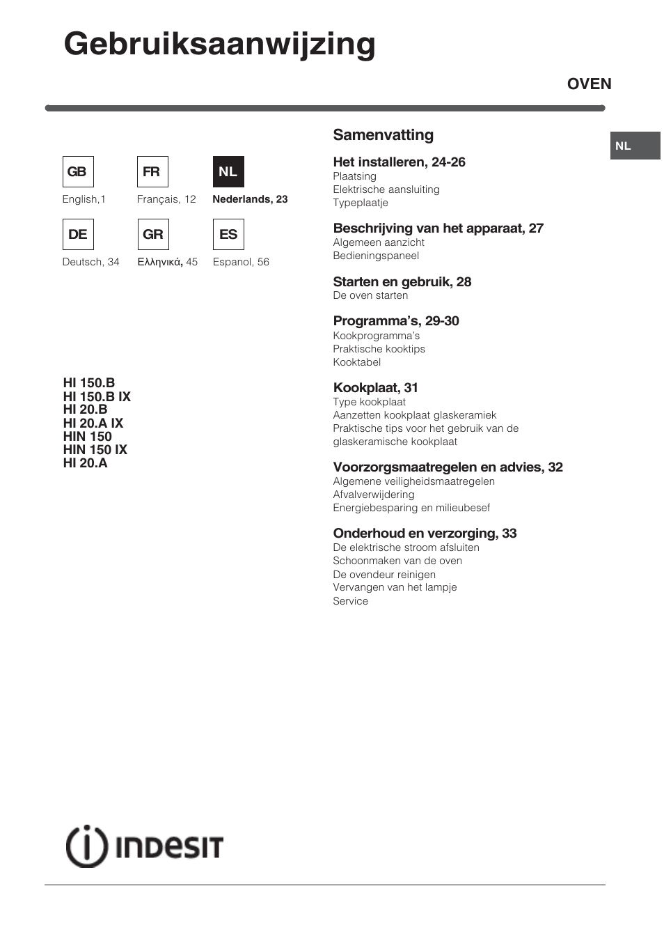 Gebruiksaanwijzing, Oven samenvatting | Indesit HI 20.A IX User Manual | Page 23 / 68