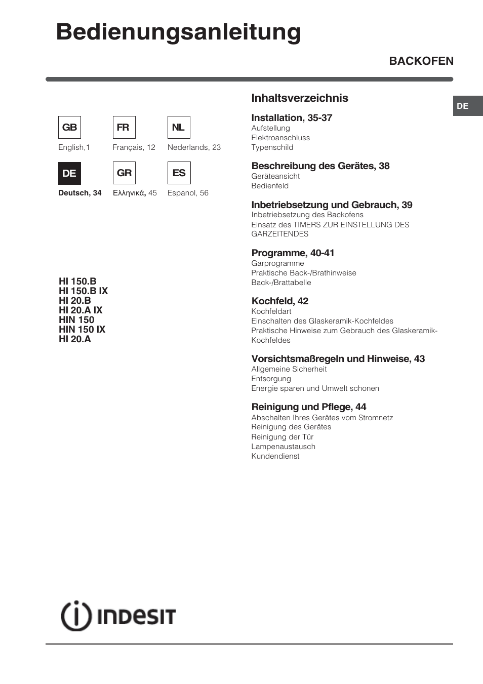 Bedienungsanleitung, Backofen inhaltsverzeichnis | Indesit HI 20.A IX User Manual | Page 34 / 68