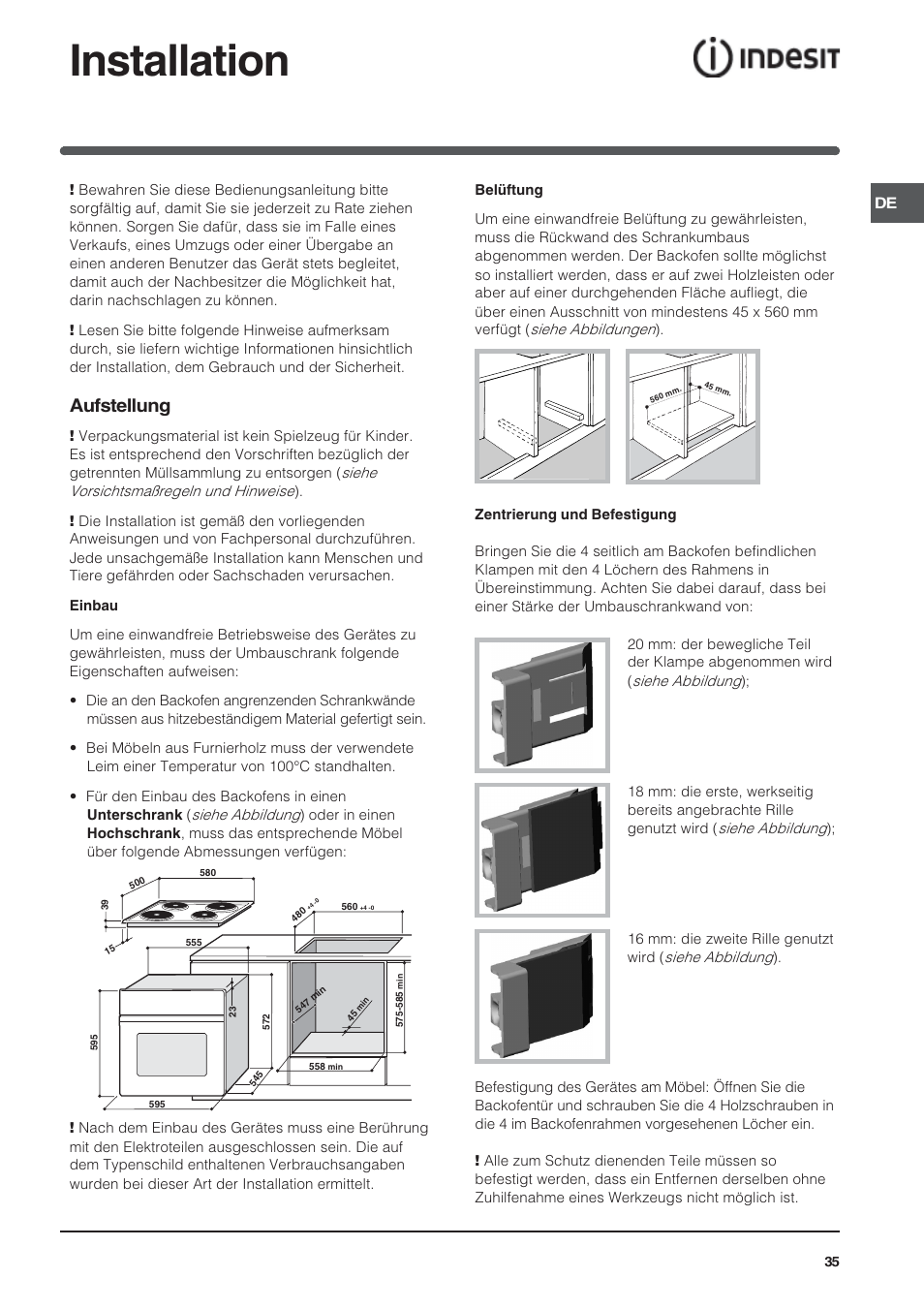 Installation, Aufstellung | Indesit HI 20.A IX User Manual | Page 35 / 68