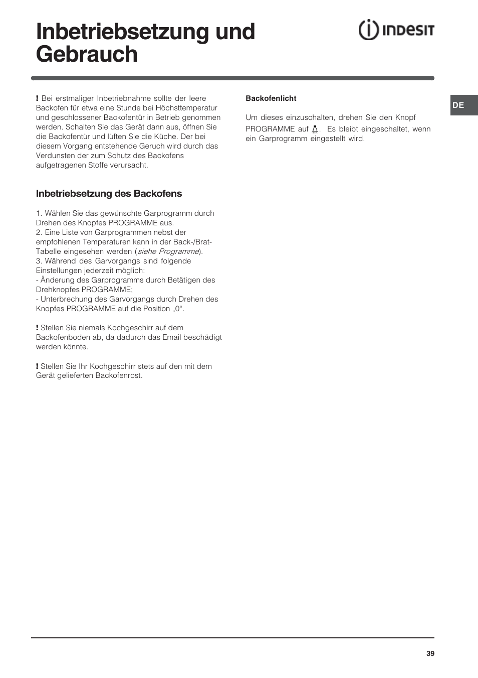 Inbetriebsetzung und gebrauch | Indesit HI 20.A IX User Manual | Page 39 / 68