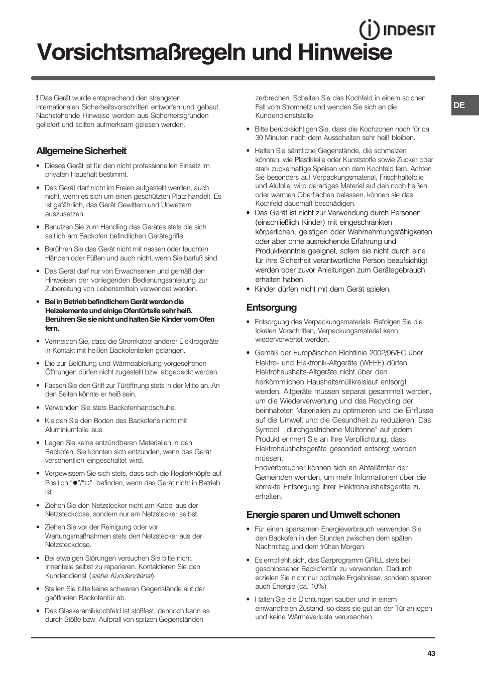 Vorsichtsmaßregeln und hinweise, Allgemeine sicherheit, Entsorgung | Energie sparen und umwelt schonen | Indesit HI 20.A IX User Manual | Page 43 / 68