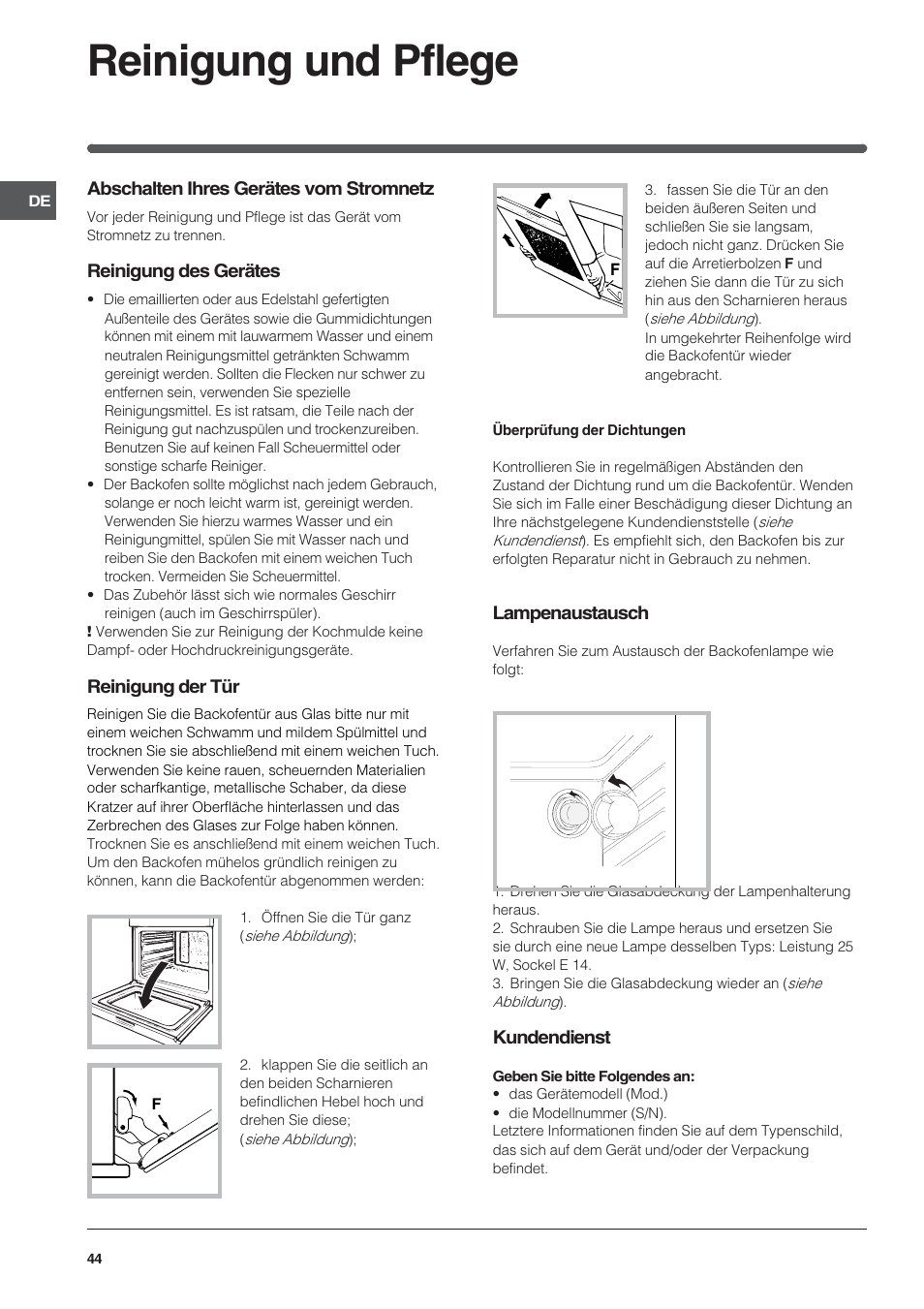 Reinigung und pflege | Indesit HI 20.A IX User Manual | Page 44 / 68