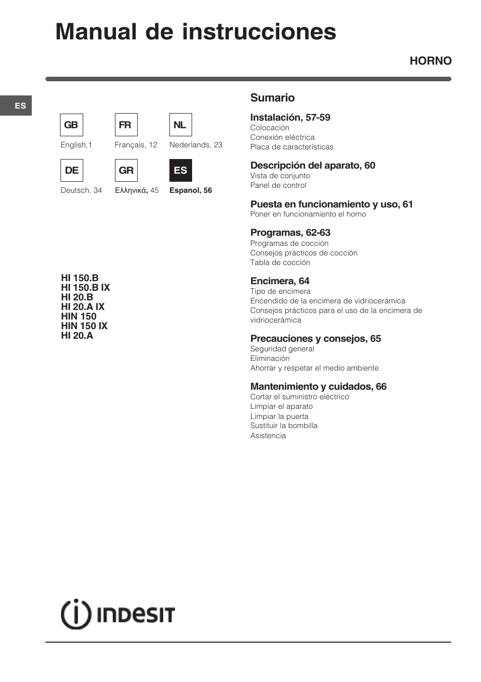 Manual de instrucciones, Horno sumario | Indesit HI 20.A IX User Manual | Page 56 / 68