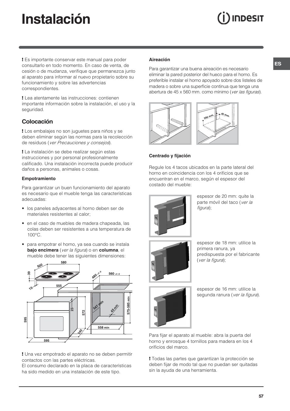 Instalación, Colocación | Indesit HI 20.A IX User Manual | Page 57 / 68