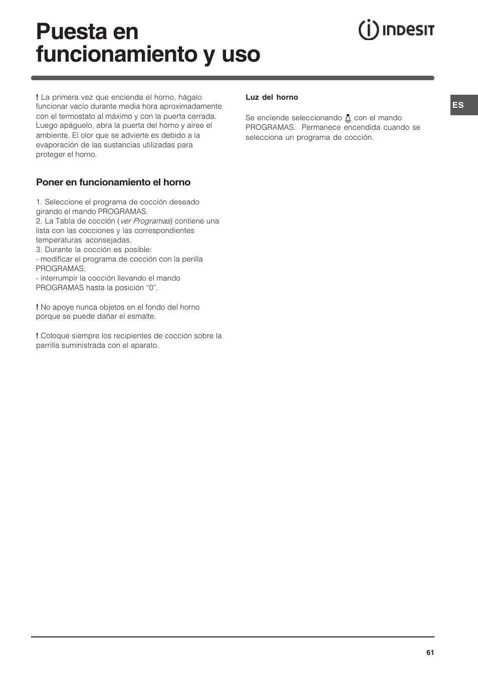Puesta en funcionamiento y uso | Indesit HI 20.A IX User Manual | Page 61 / 68