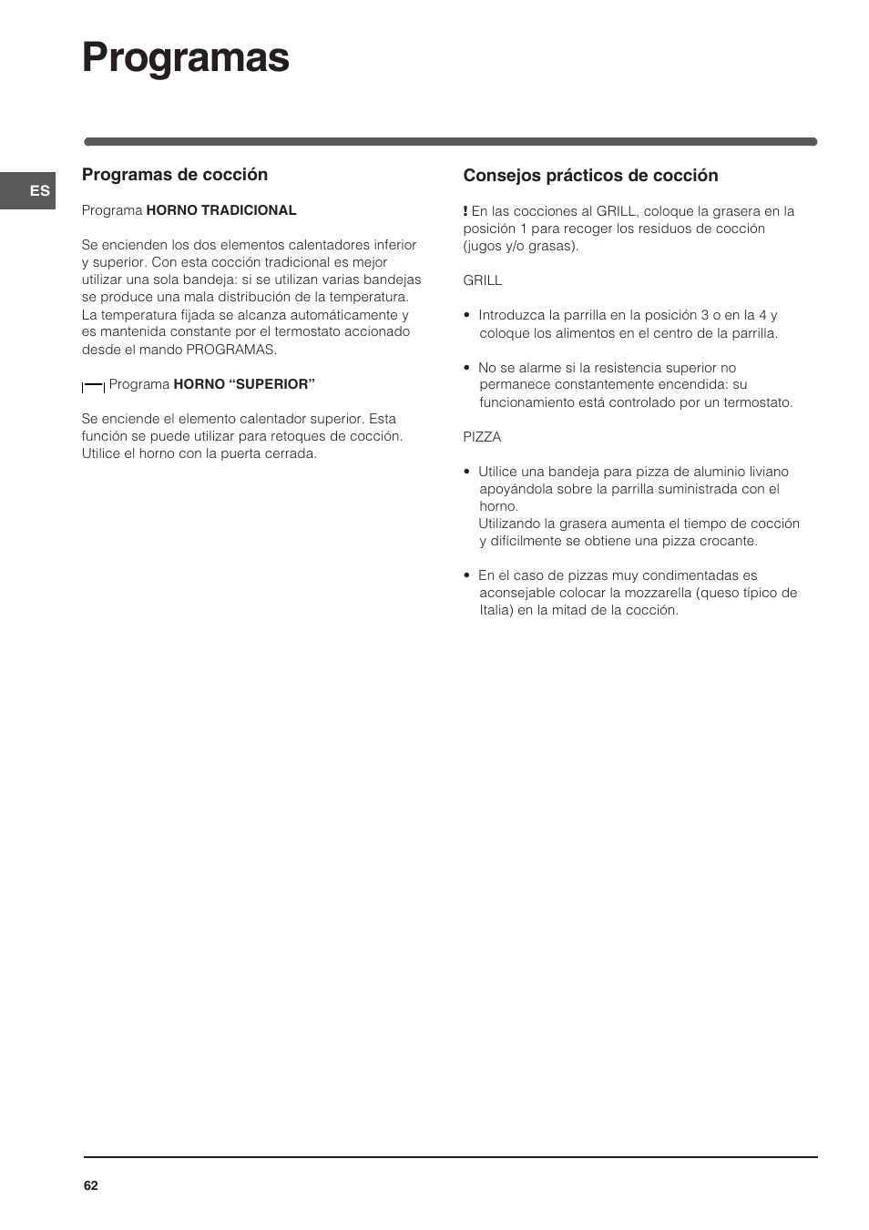 Programas | Indesit HI 20.A IX User Manual | Page 62 / 68