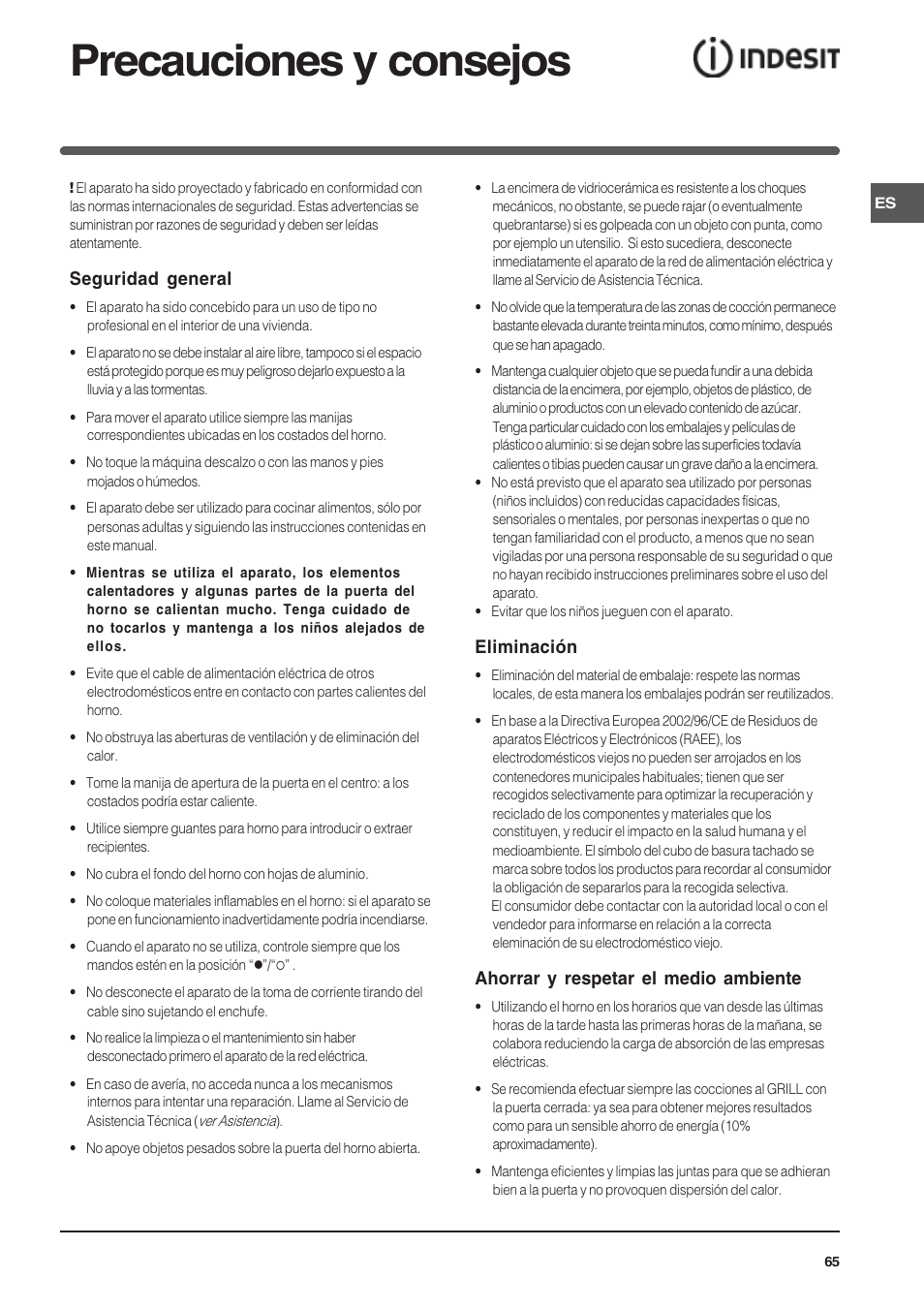 Precauciones y consejos, Seguridad general, Eliminación | Ahorrar y respetar el medio ambiente | Indesit HI 20.A IX User Manual | Page 65 / 68