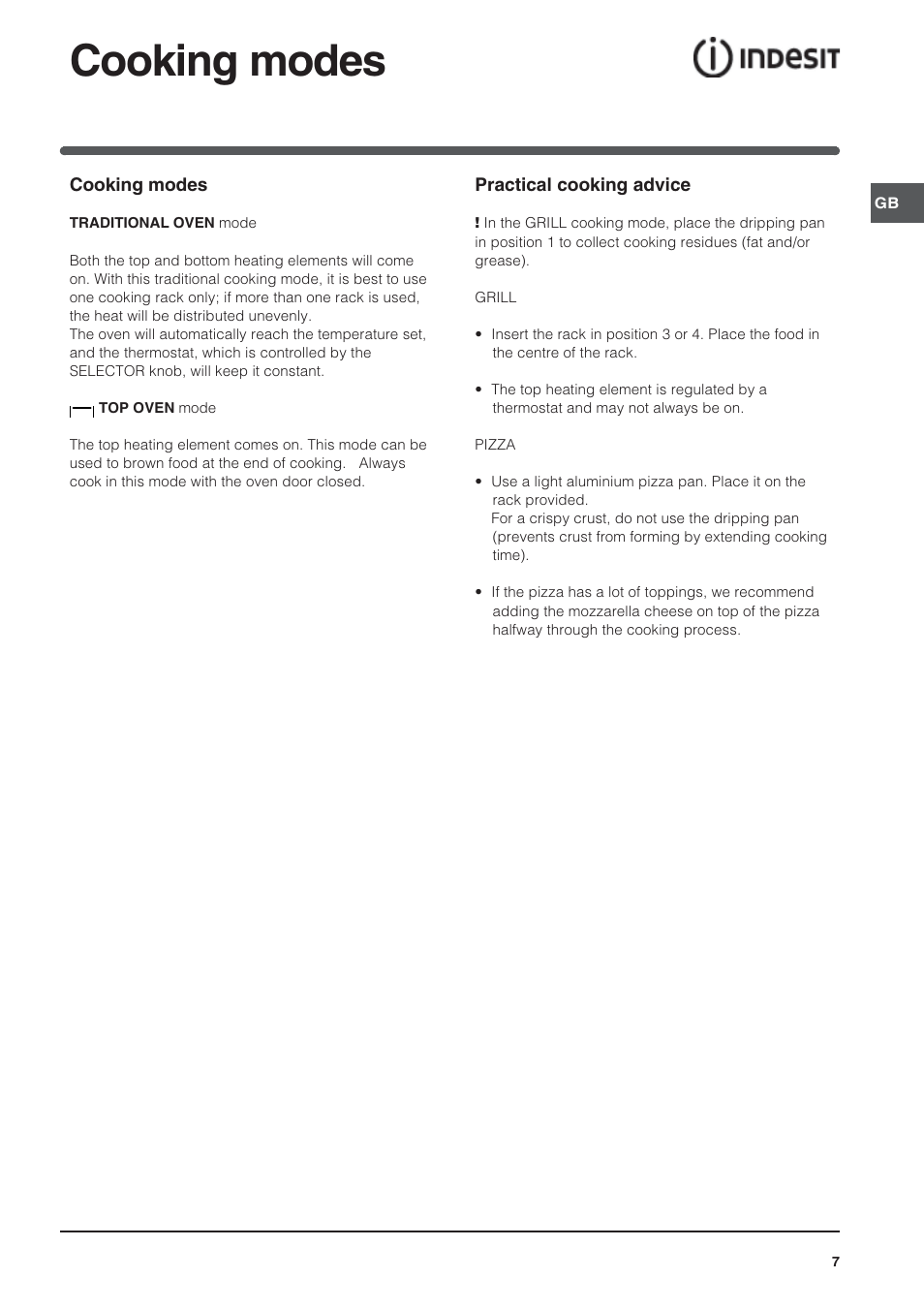 Cooking modes | Indesit HI 20.A IX User Manual | Page 7 / 68