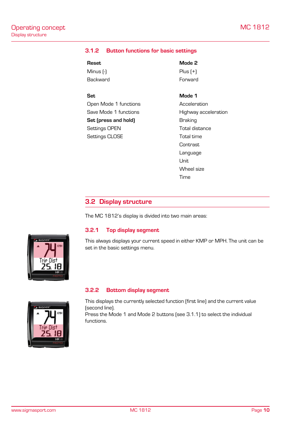 2 button functions for basic settings, 2 display structure, 1 top display segment 3.2.2 bottom display segment | Operating concept, Mc 1812 | SIGMA MC 1812 MOTO User Manual | Page 10 / 26