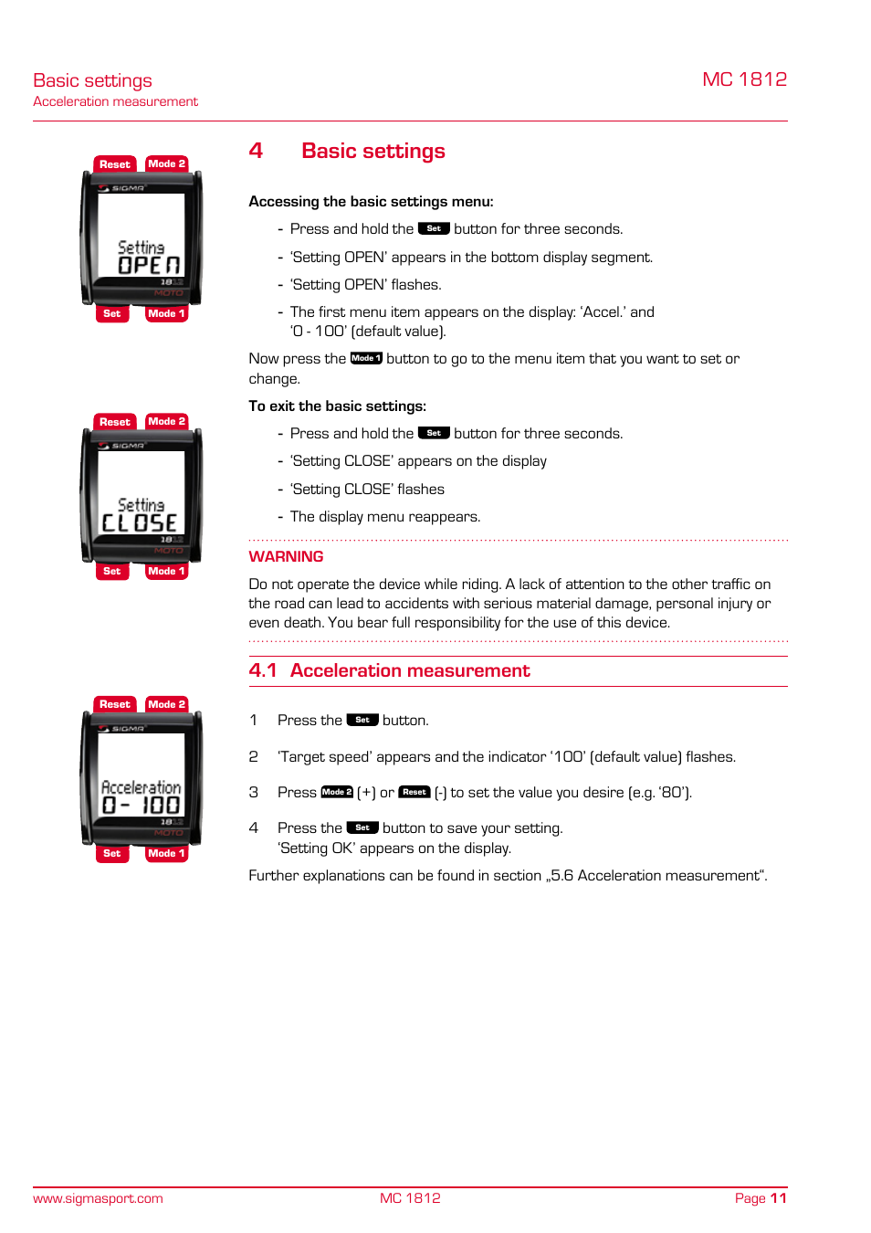 Basic settings, 1 acceleration measurement, 4basic settings | Mc 1812 | SIGMA MC 1812 MOTO User Manual | Page 11 / 26