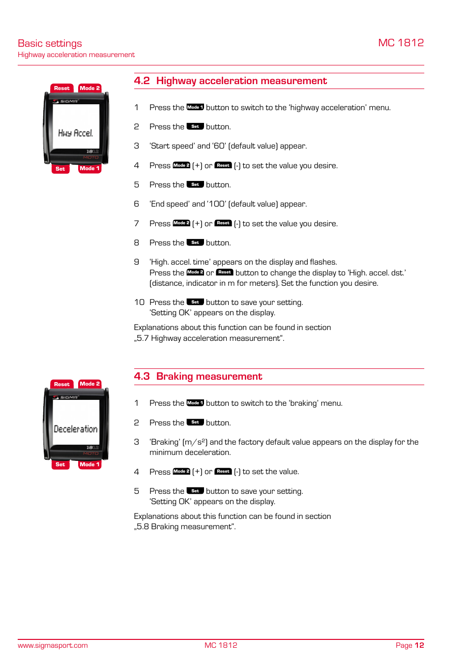 Basic settings, 3 braking measurement | SIGMA MC 1812 MOTO User Manual | Page 12 / 26