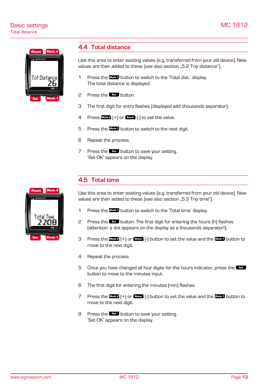 4 total distance 4.5 total time, Basic settings, 5 total time | SIGMA MC 1812 MOTO User Manual | Page 13 / 26