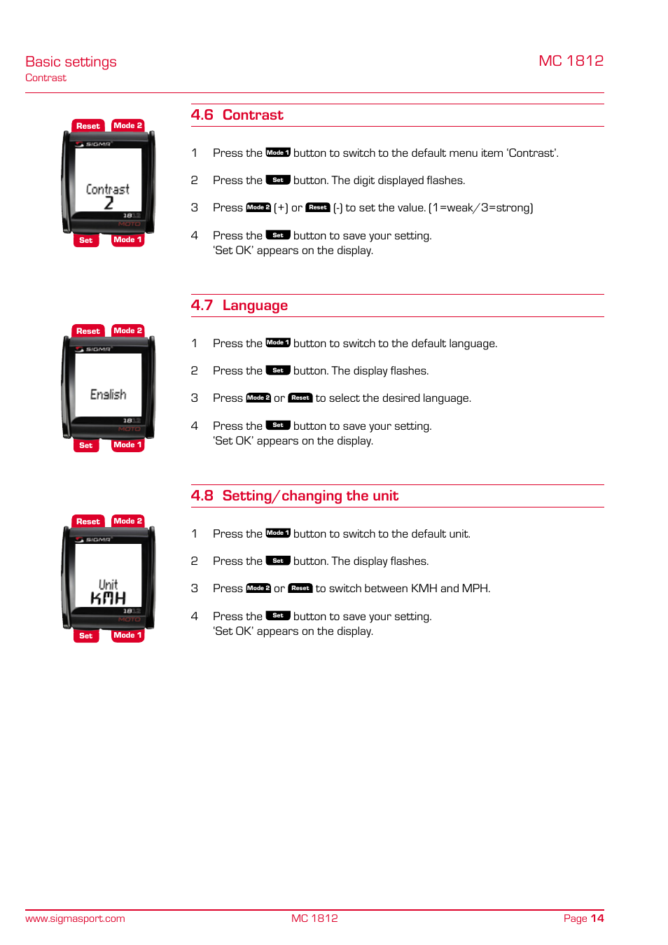 Basic settings, 7 language, 8 setting/changing the unit | SIGMA MC 1812 MOTO User Manual | Page 14 / 26