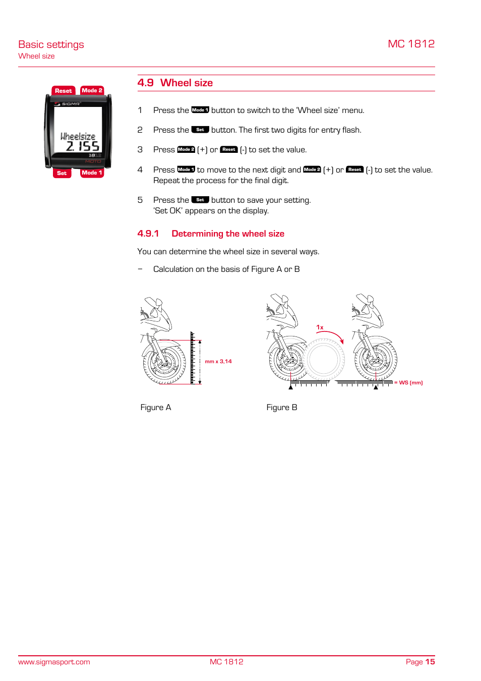 9 wheel size, 1 determining the wheel size, Basic settings | SIGMA MC 1812 MOTO User Manual | Page 15 / 26