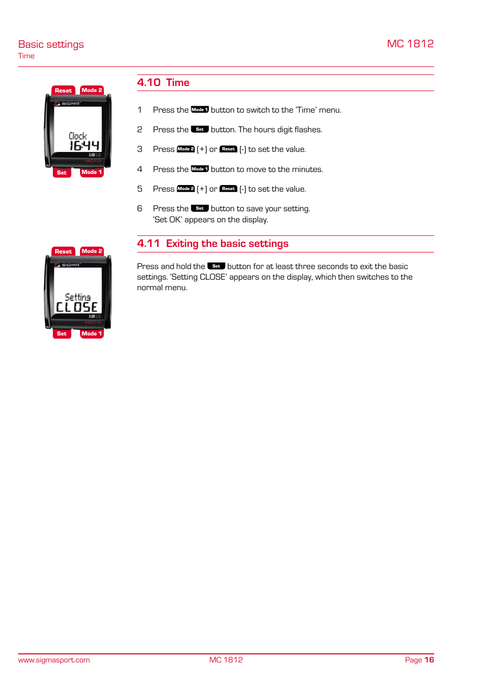 10 time 4.11 exiting the basic settings, Basic settings, 11 exiting the basic settings | SIGMA MC 1812 MOTO User Manual | Page 16 / 26