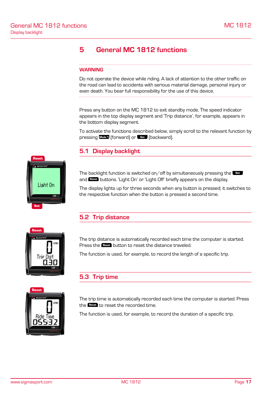 General mc 1812 functions, Mc 1812, 1 display backlight | 2 trip distance, 3 trip time | SIGMA MC 1812 MOTO User Manual | Page 17 / 26