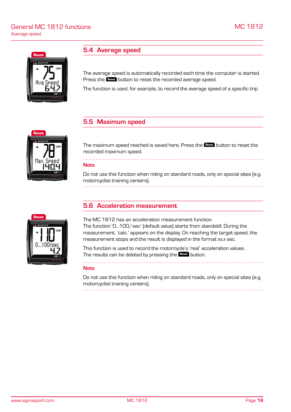 4 average speed 5.5 maximum speed, 6 acceleration measurement, General mc 1812 functions | 5 maximum speed | SIGMA MC 1812 MOTO User Manual | Page 18 / 26