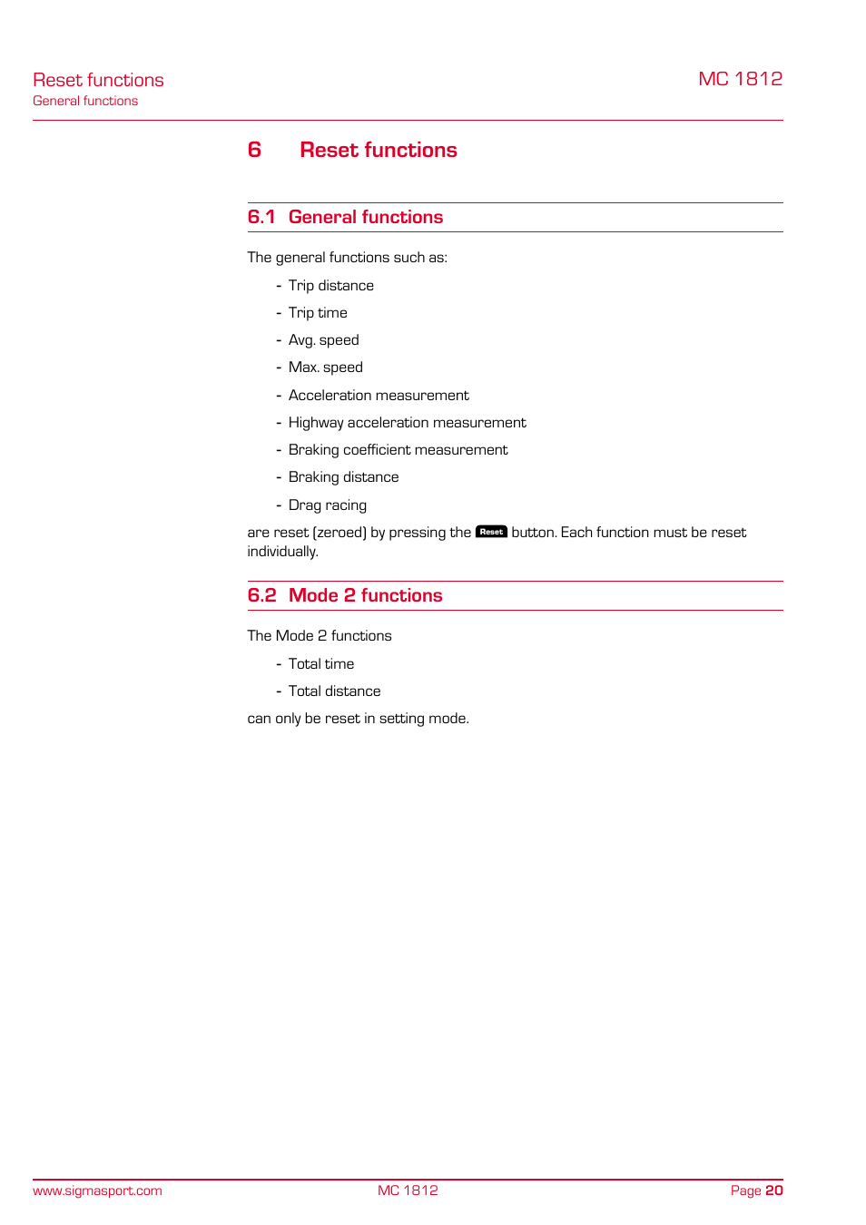 Reset functions, 1 general functions 6.2 mode 2 functions, 6reset functions | Mc 1812, 1 general functions, 2 mode 2 functions | SIGMA MC 1812 MOTO User Manual | Page 20 / 26